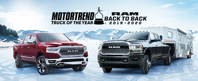 Image of Ram 1500 and Ram Heavy Duty trucks parked together with MOTORTREND BACK TO BACK WIN Logo