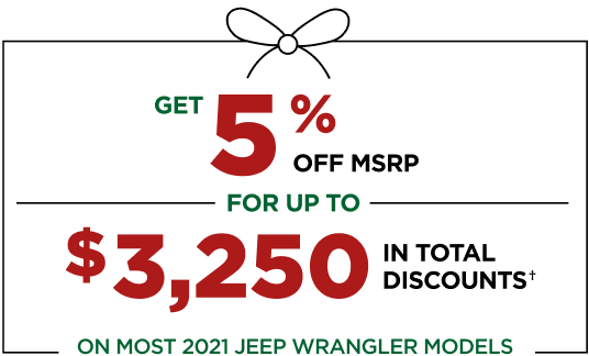 GET 5% OFF MSRP FOR UP TO $3,250 IN TOTAL DISCOUNTS† ON MOST 2021 JEEP WRANGLER MODELS