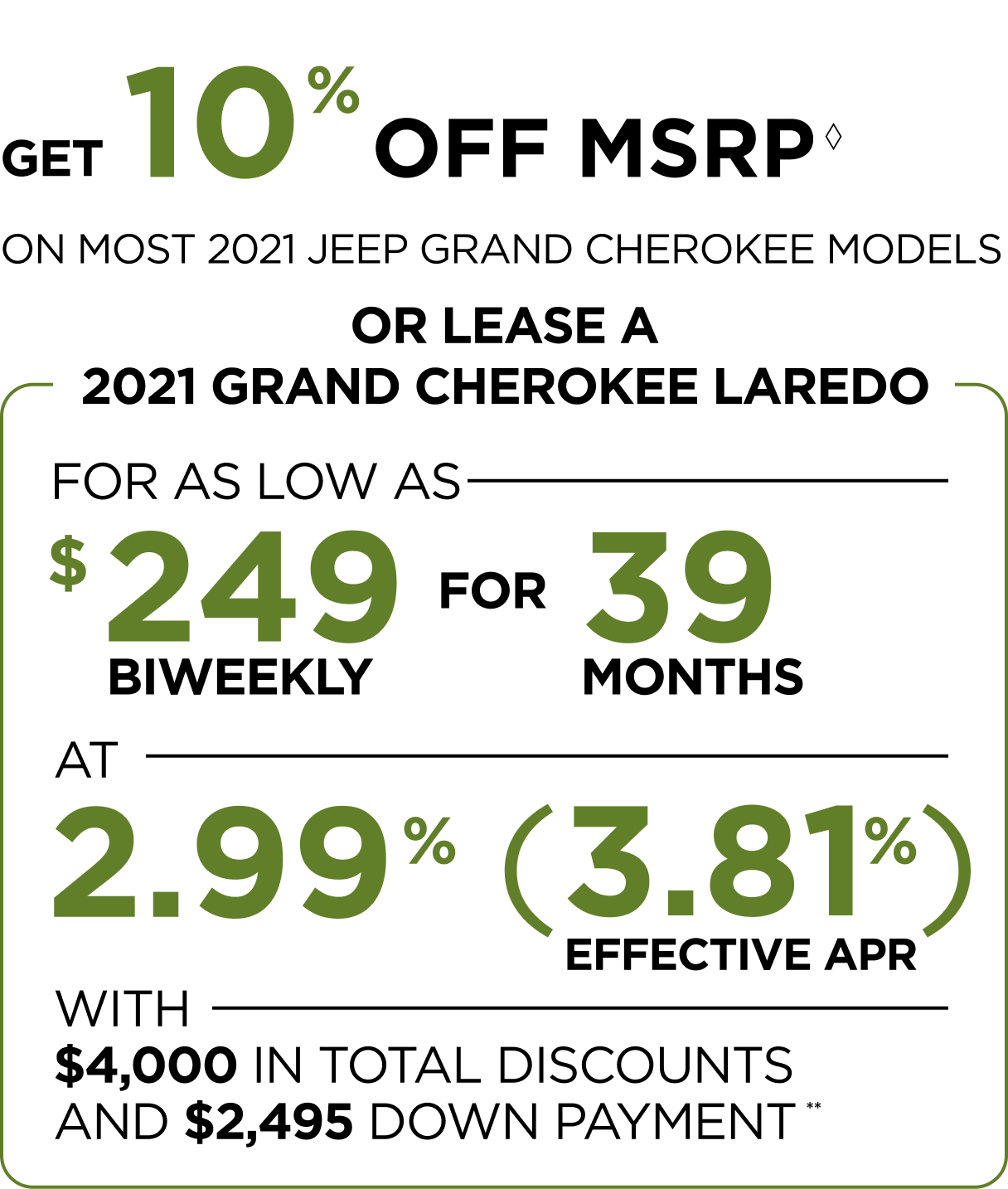 GET 10% OFF MSRP ON MOST 2021 JEEP GRAND CHEROKEE MODELS OR LEASE A 2021 GRAND CHEROKEE LAREDO FOR AS LOW AS $249 BIWEEKLY FOR 39 MONTHS AT 2.99% (3.81% EFFECTIVE APR) WITH $4,000 IN TOTAL DISCOUNTS AND $2,495 DOWN PAYMENTS**