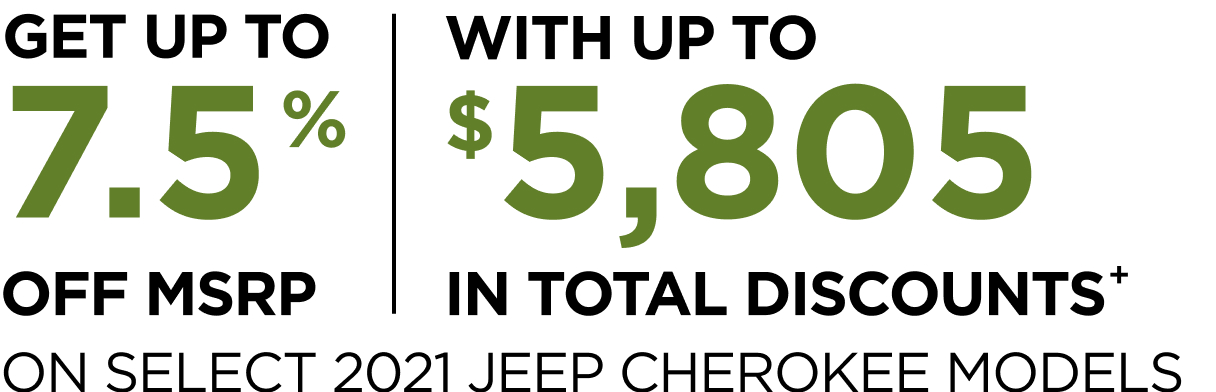 GET UP TO 7.5% OFF MSRP WITH UP TO $5,805 IN TOTAL DISCOUNTS+ ON SELECT 2021 JEEP CHEROKEE MODELS